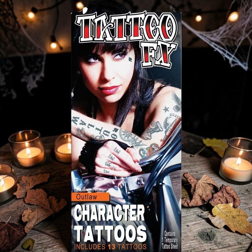 Halloween-Emporium TATTOO FX Outlaw character temporary tattoo sheet featuring thirteen rebellious ink designs