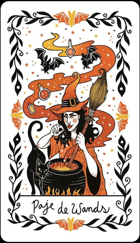 Halloween-Emporium Happy Halloween Tarot Paje de Wands card featuring a witch with a broom, black cat, and bats.