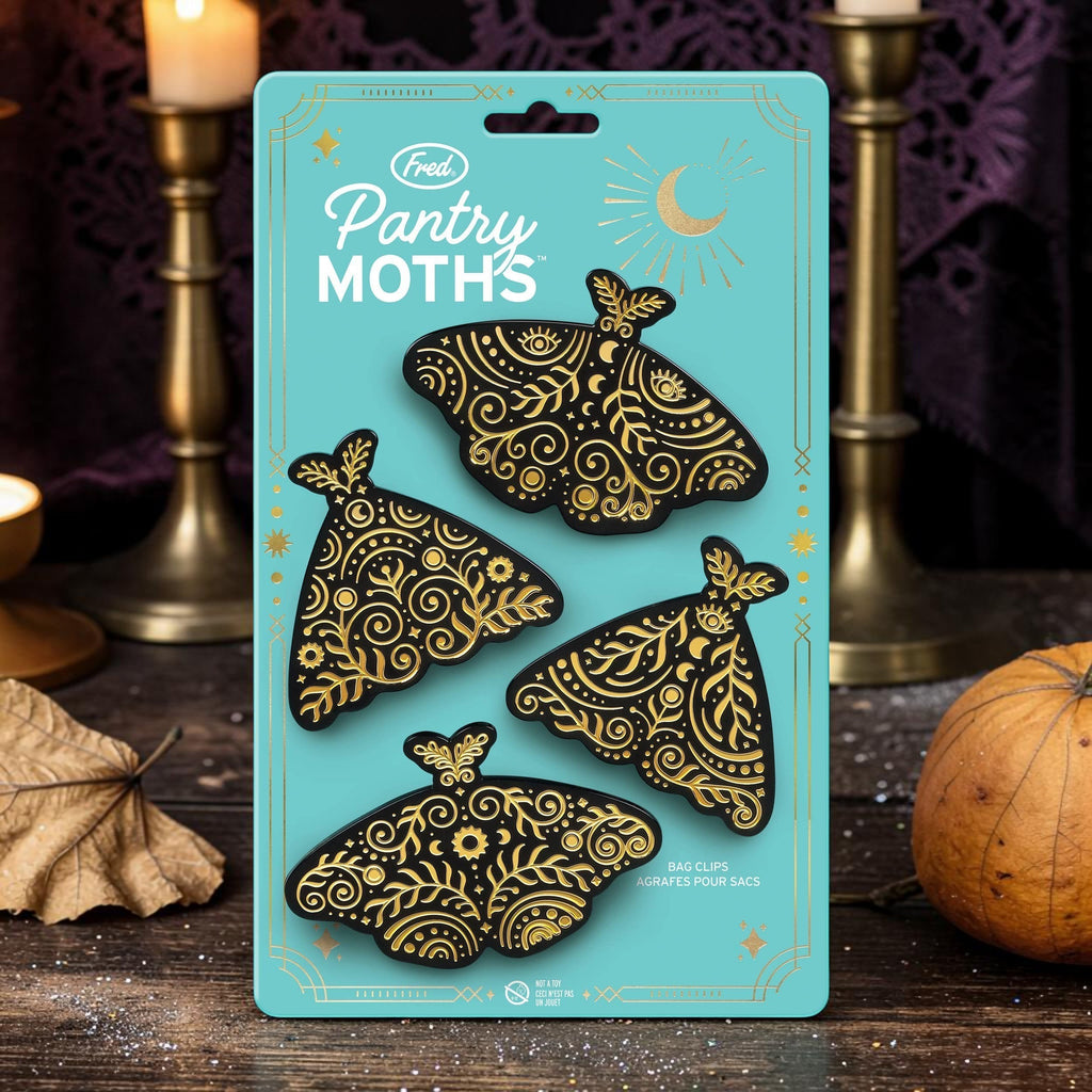 Halloween-Emporium Pantry Moths bag clips featuring four black moth-shaped clips with intricate gold celestial patterns.