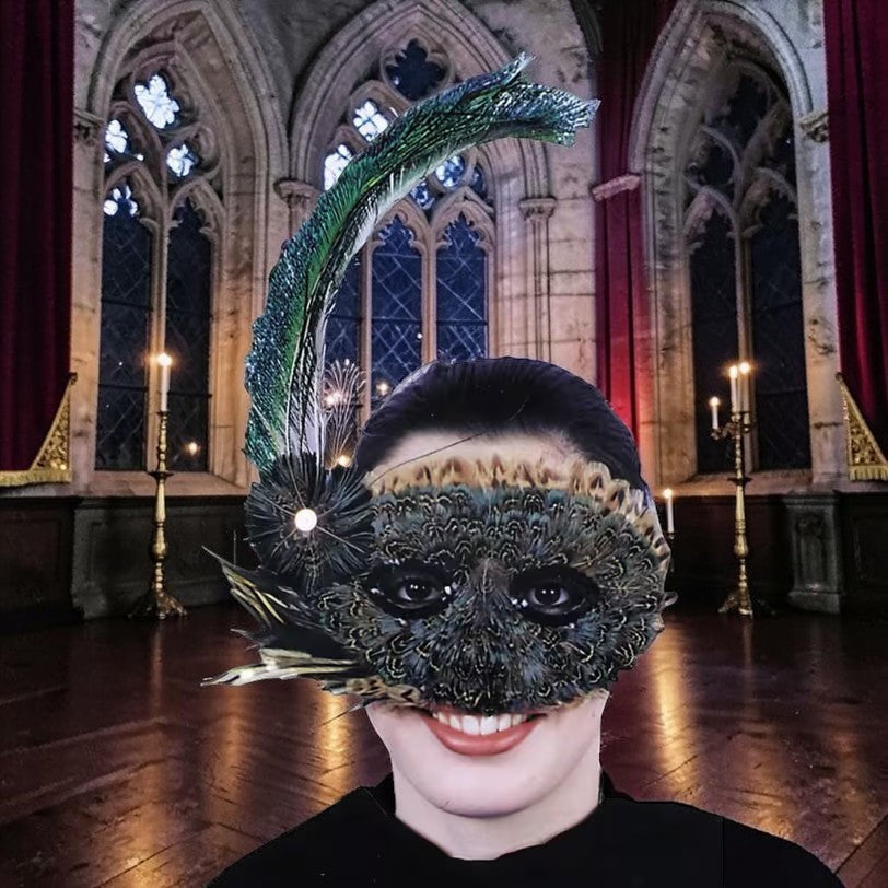 Halloween-Emporium 1920s style masquerade mask with iridescent peacock feathers in green, gold, and bronze tones.