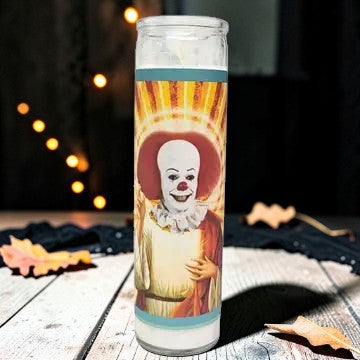 Halloween-Emporium 8-inch white wax devotional candle featuring Pennywise the clown in saint-like pop art on glass.