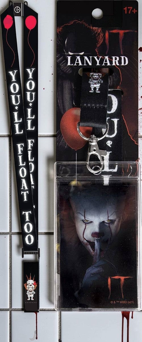 Halloween-Emporium It Pennywise lanyard featuring You'll Float Too text, red balloon icon, and clear ID holder.