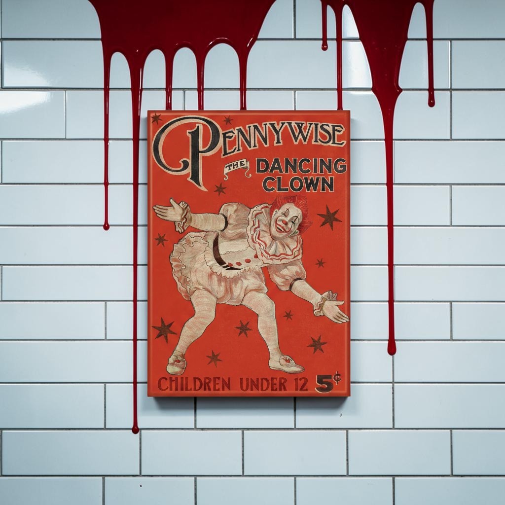Halloween-Emporium IT Pennywise vintage poster magnet featuring the Dancing Clown on a red background