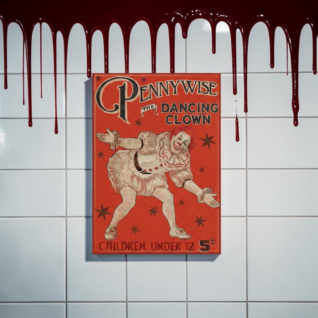 Halloween-Emporium IT Pennywise vintage poster magnet featuring the Dancing Clown on a white tiled background