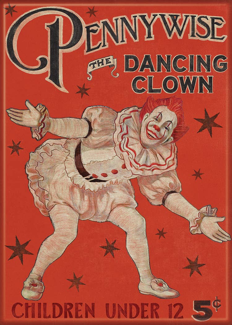 Halloween-Emporium IT Pennywise vintage poster magnet featuring the dancing clown on a red background