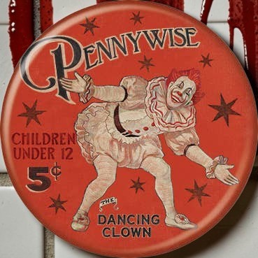 Halloween-Emporium IT Pennywise vintage poster button featuring the Dancing Clown on a red background