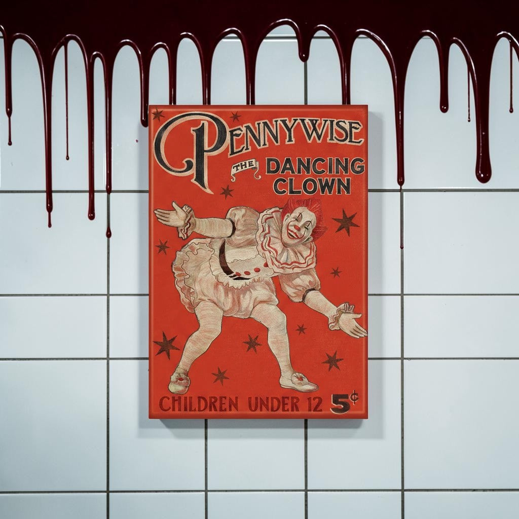 Halloween-Emporium IT Pennywise vintage poster magnet featuring the dancing clown on a red background