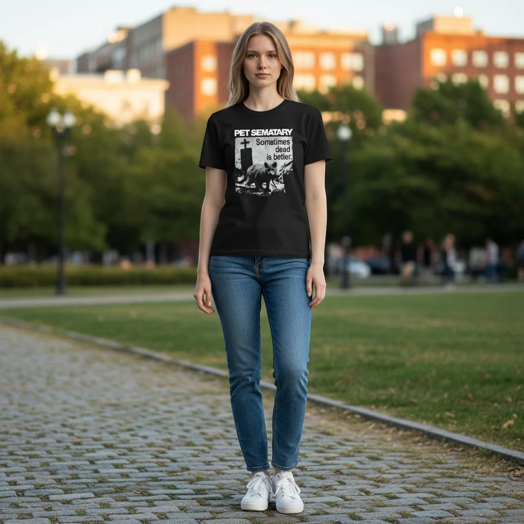 Halloween-Emporium black Pet Sematary graphic t-shirt worn by a woman with blue jeans in a park setting.
