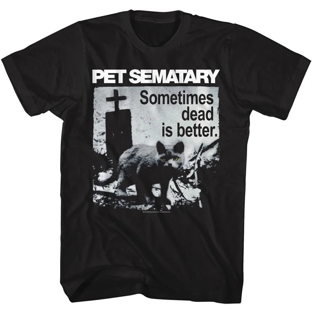 Halloween-Emporium black cotton t-shirt featuring a Pet Sematary graphic with a cat, graveyard, and horror text.