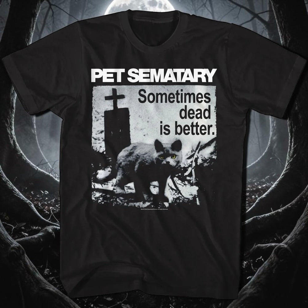 Halloween-Emporium black cotton t-shirt featuring a Pet Sematary graphic with a cat and graveyard scene.