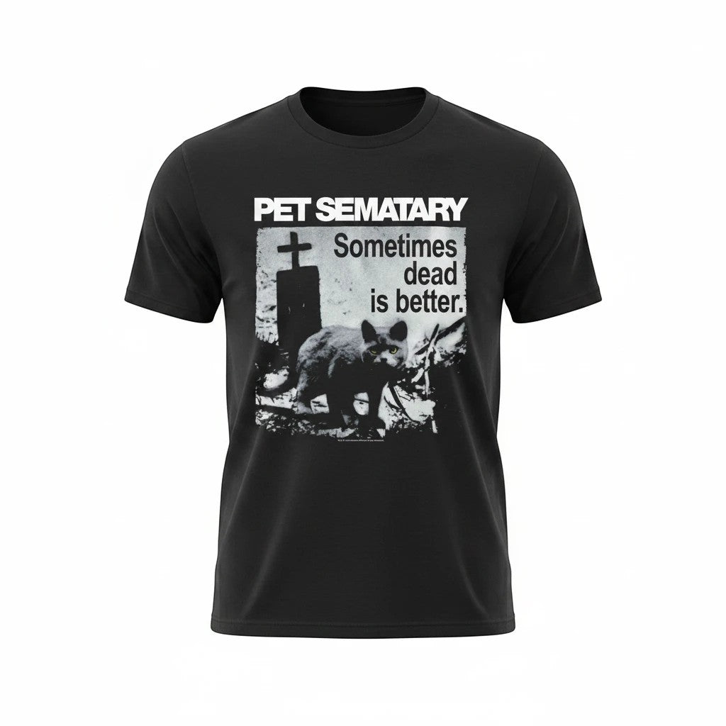 Halloween-Emporium black cotton t-shirt featuring a Pet Sematary graphic with a cat, graveyard, and horror text.