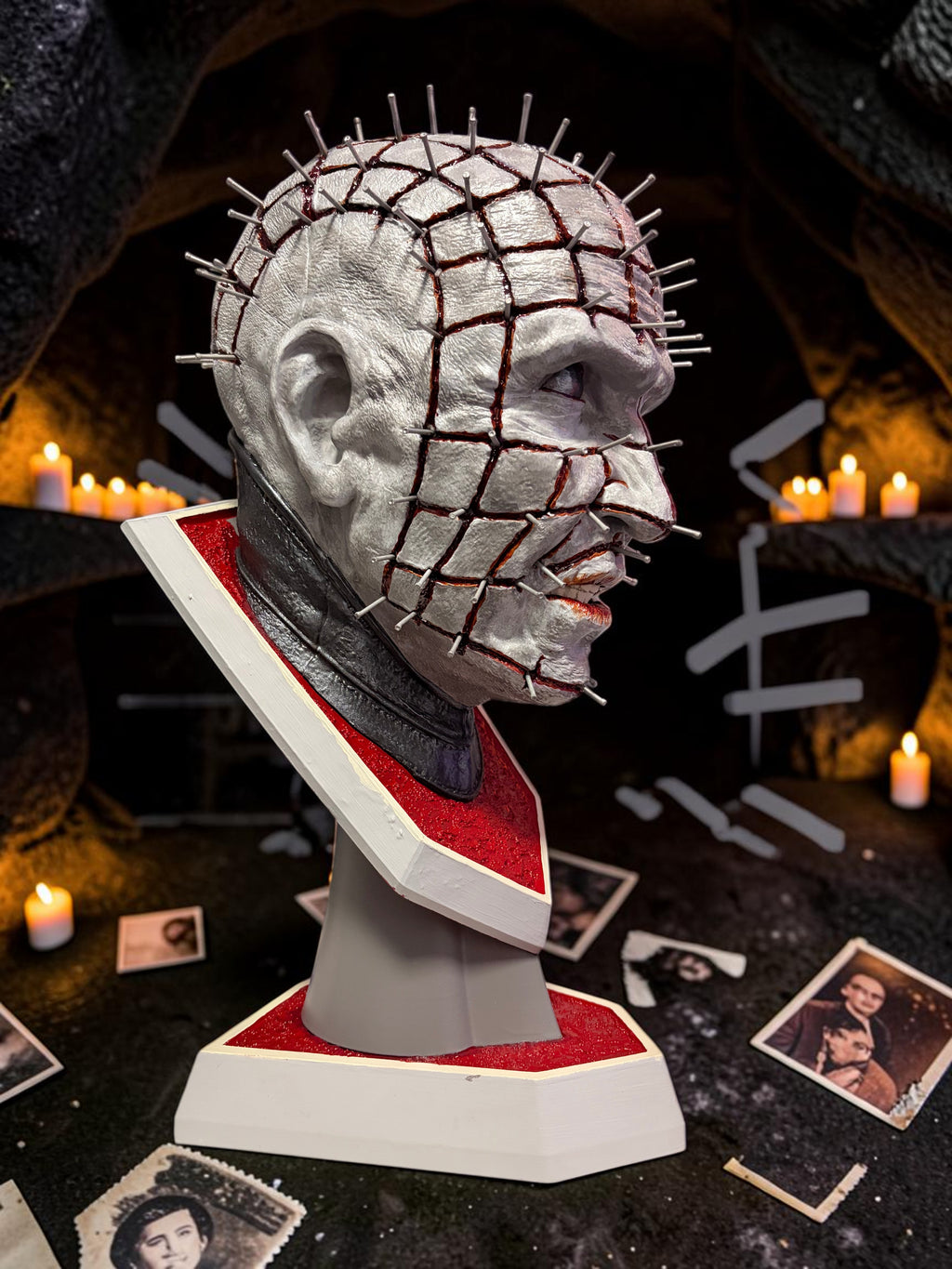 Halloween-Emporium hand painted Pinhead bust with realistic gore, liquid polymer blood, and a textured display base.