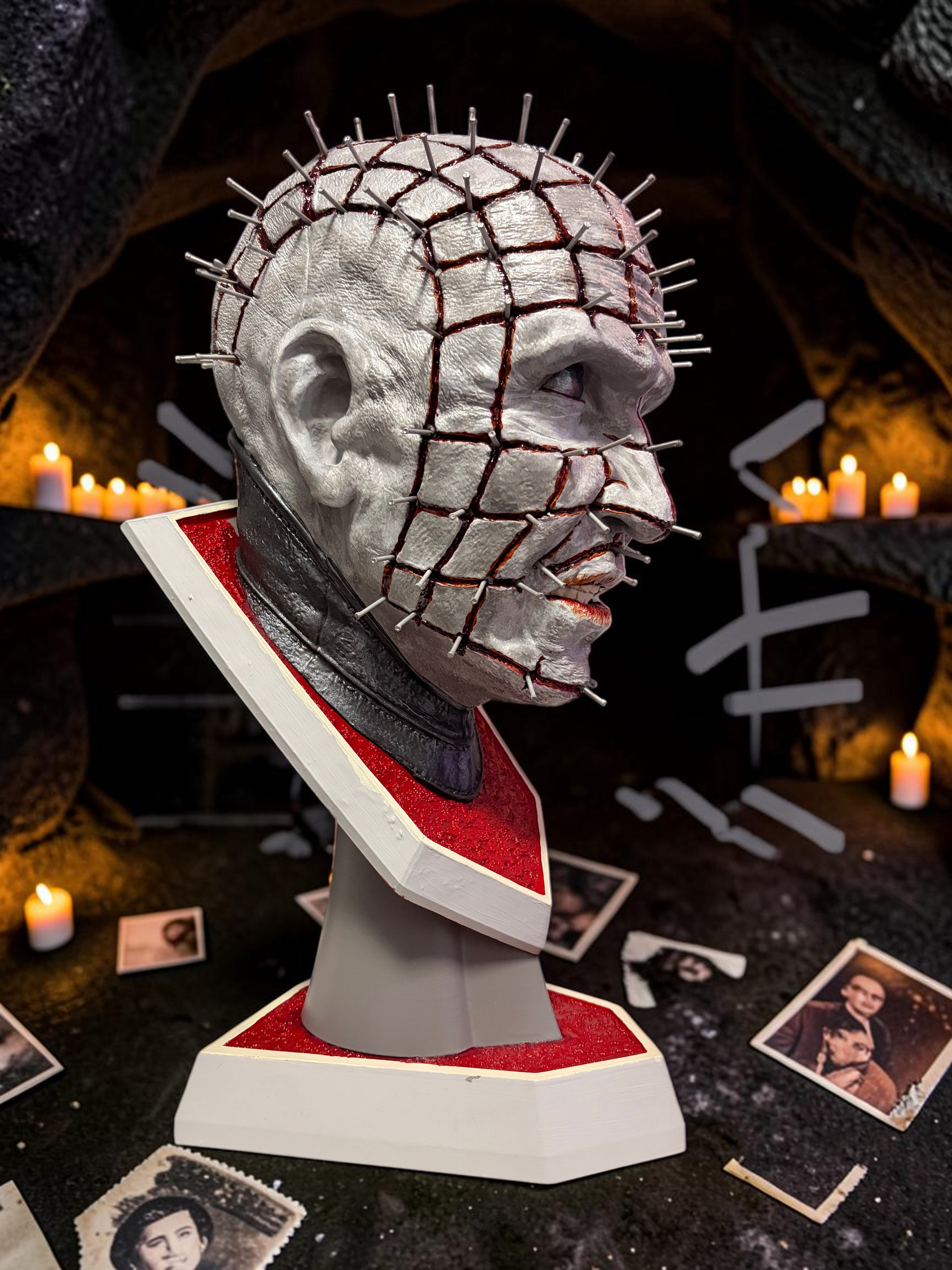Halloween-Emporium hand painted Pinhead bust with realistic gore, liquid polymer blood, and a textured display base.