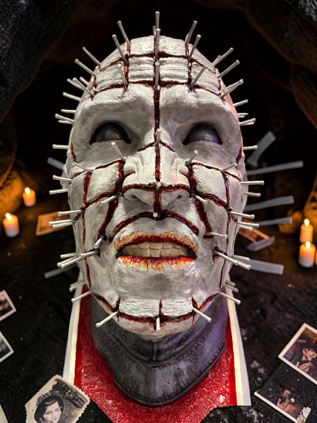 Halloween-Emporium hand painted Pinhead bust with 3D printed detail, liquid polymer blood, and film-accurate pins.