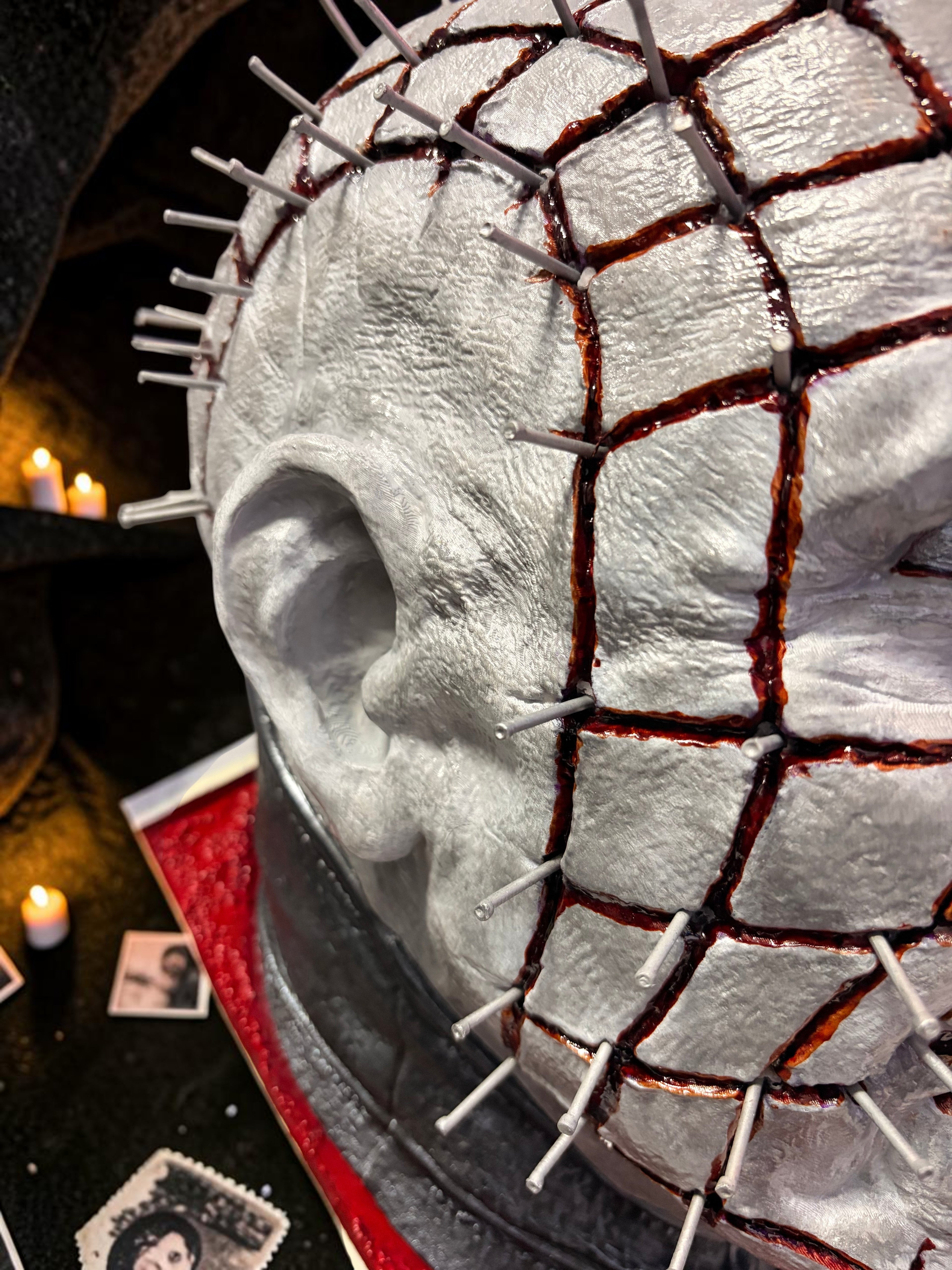 Halloween-Emporium hand painted Pinhead bust with realistic gore effects, 3D printed with textured base and clear coat.