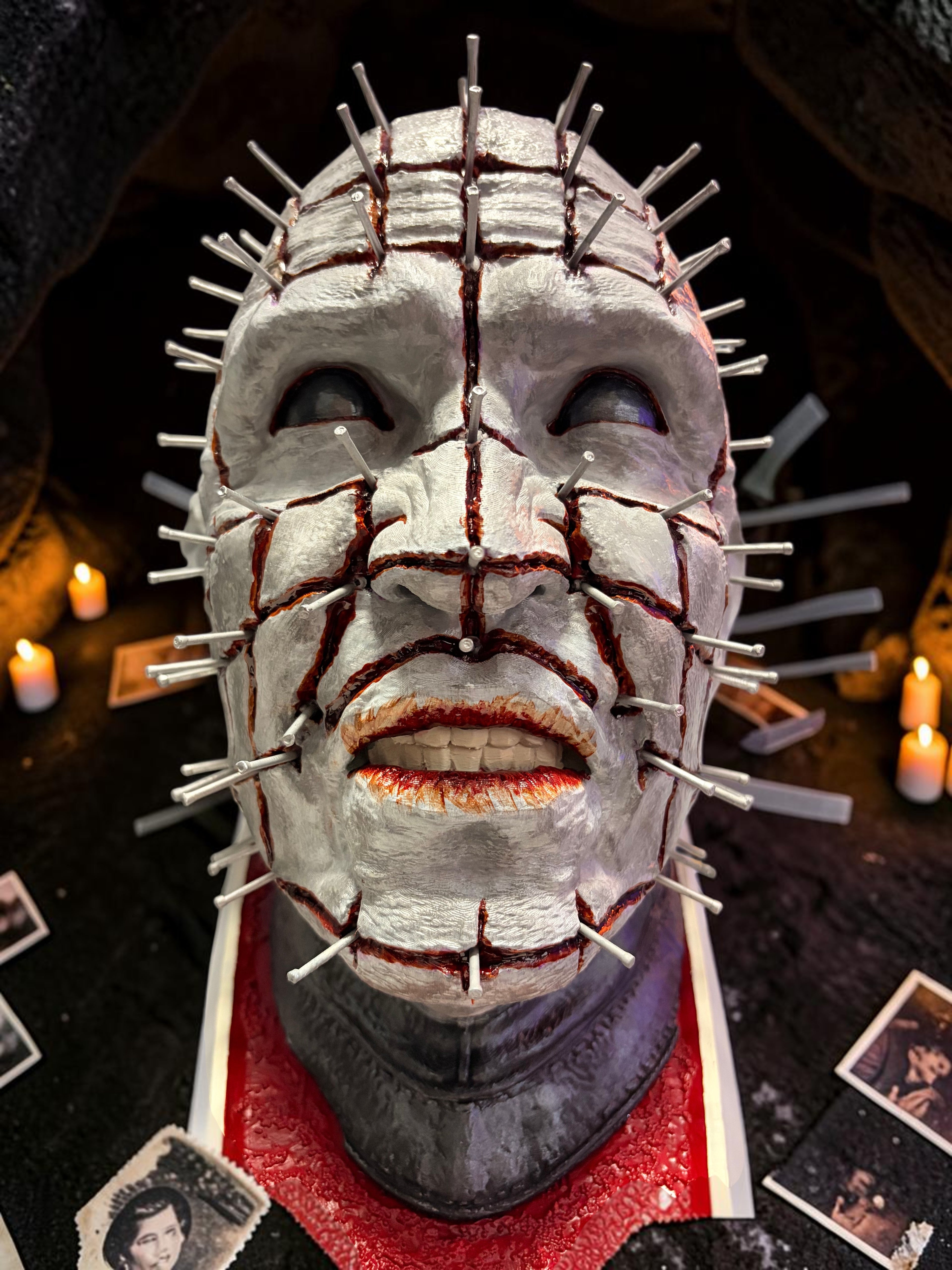 Halloween-Emporium hand painted Pinhead bust with 3D printed detail, liquid polymer blood, and film-accurate pins.