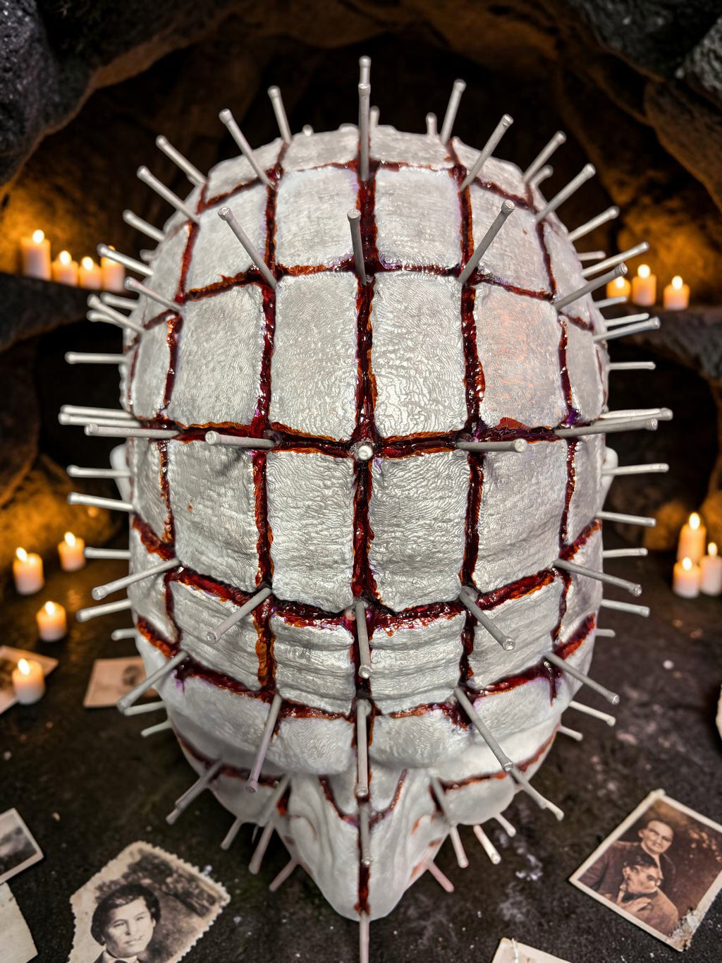 Halloween-Emporium hand painted Pinhead bust with 3D printed textured skin, silver pins, and realistic blood effects.