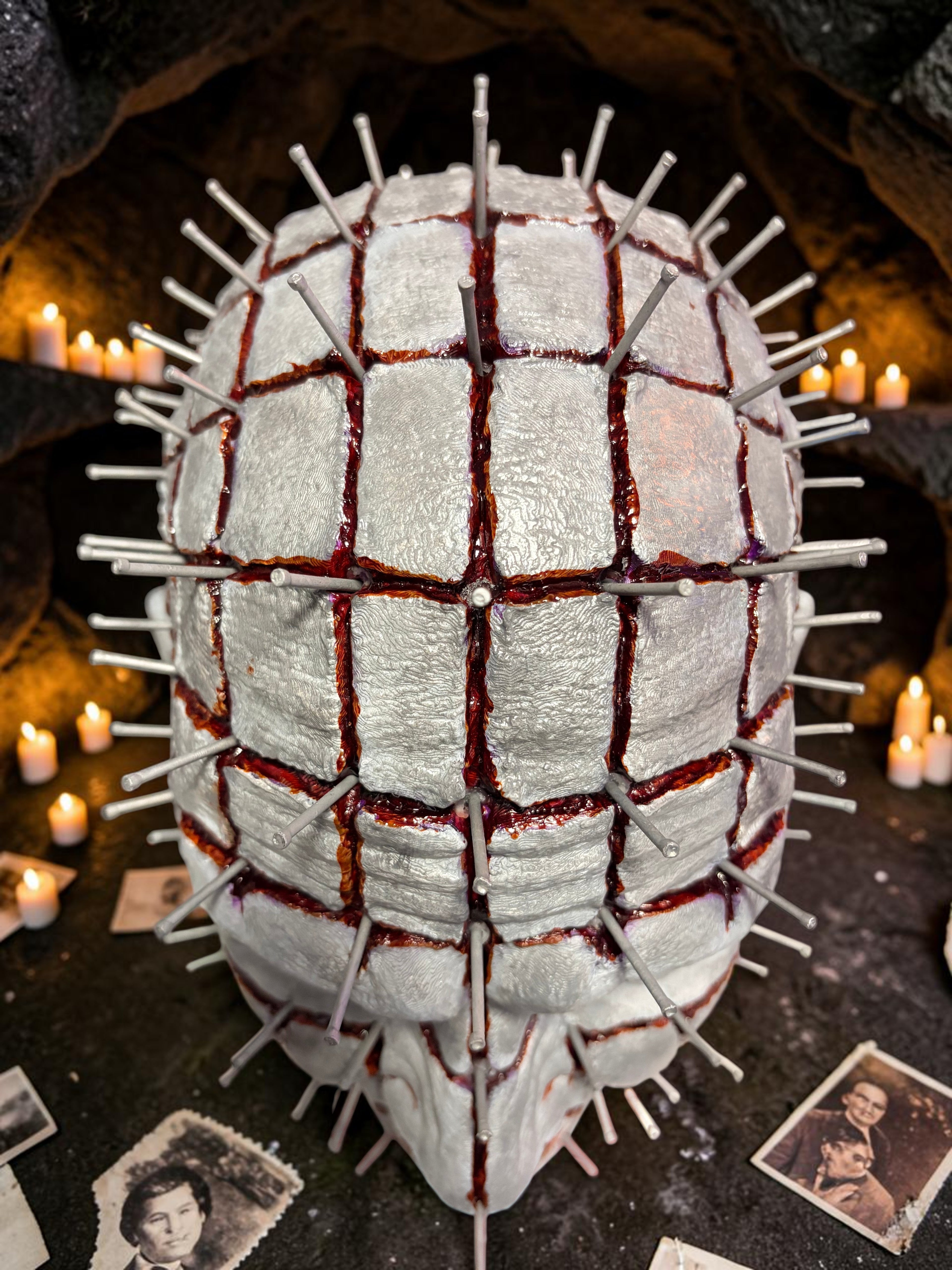 Halloween-Emporium hand painted Pinhead bust with 3D printed textured skin, silver pins, and realistic blood effects.