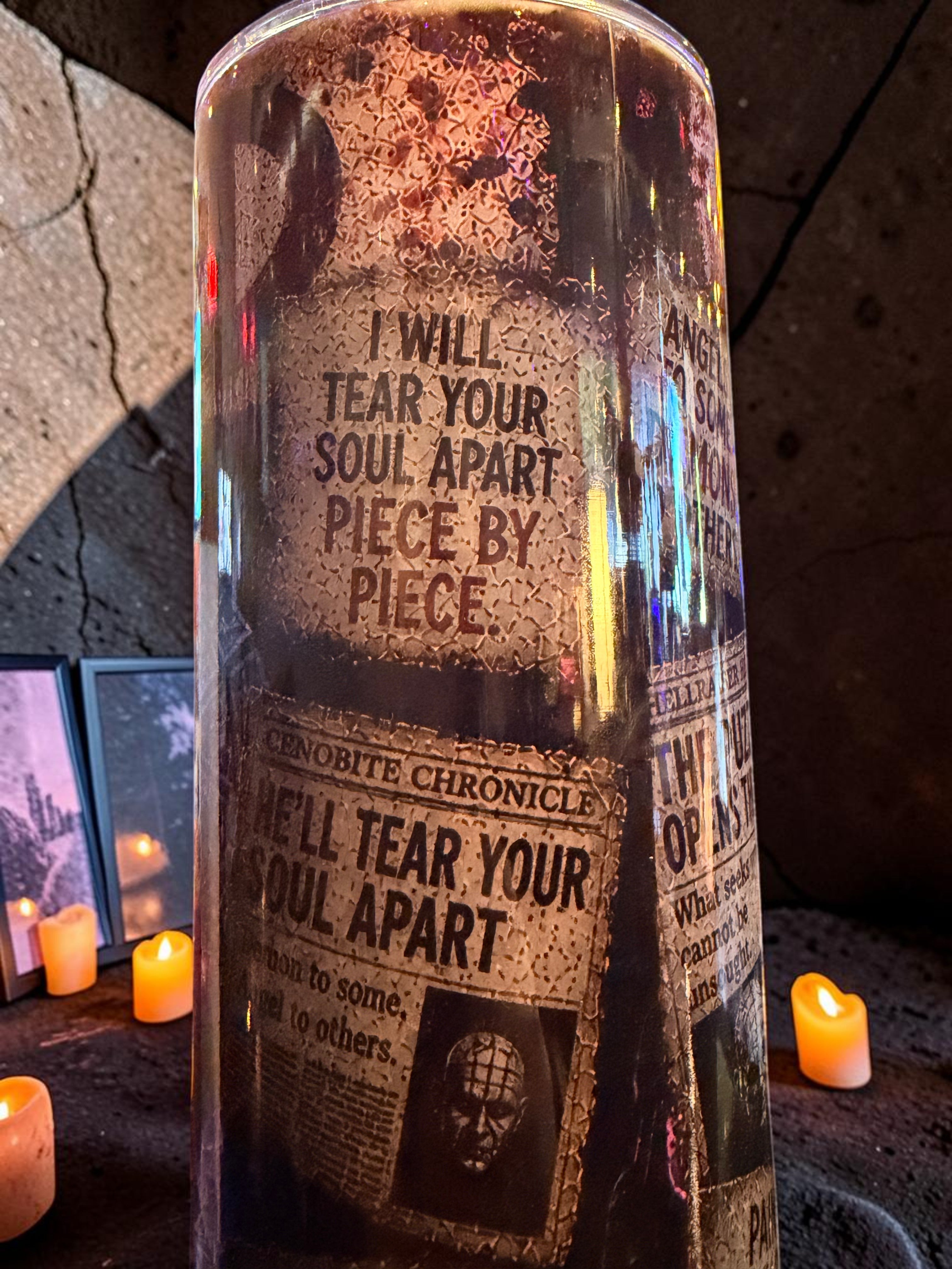 Halloween-Emporium 30oz stainless steel tumbler featuring Pinhead horror movie quotes and Cenobite newspaper graphics.