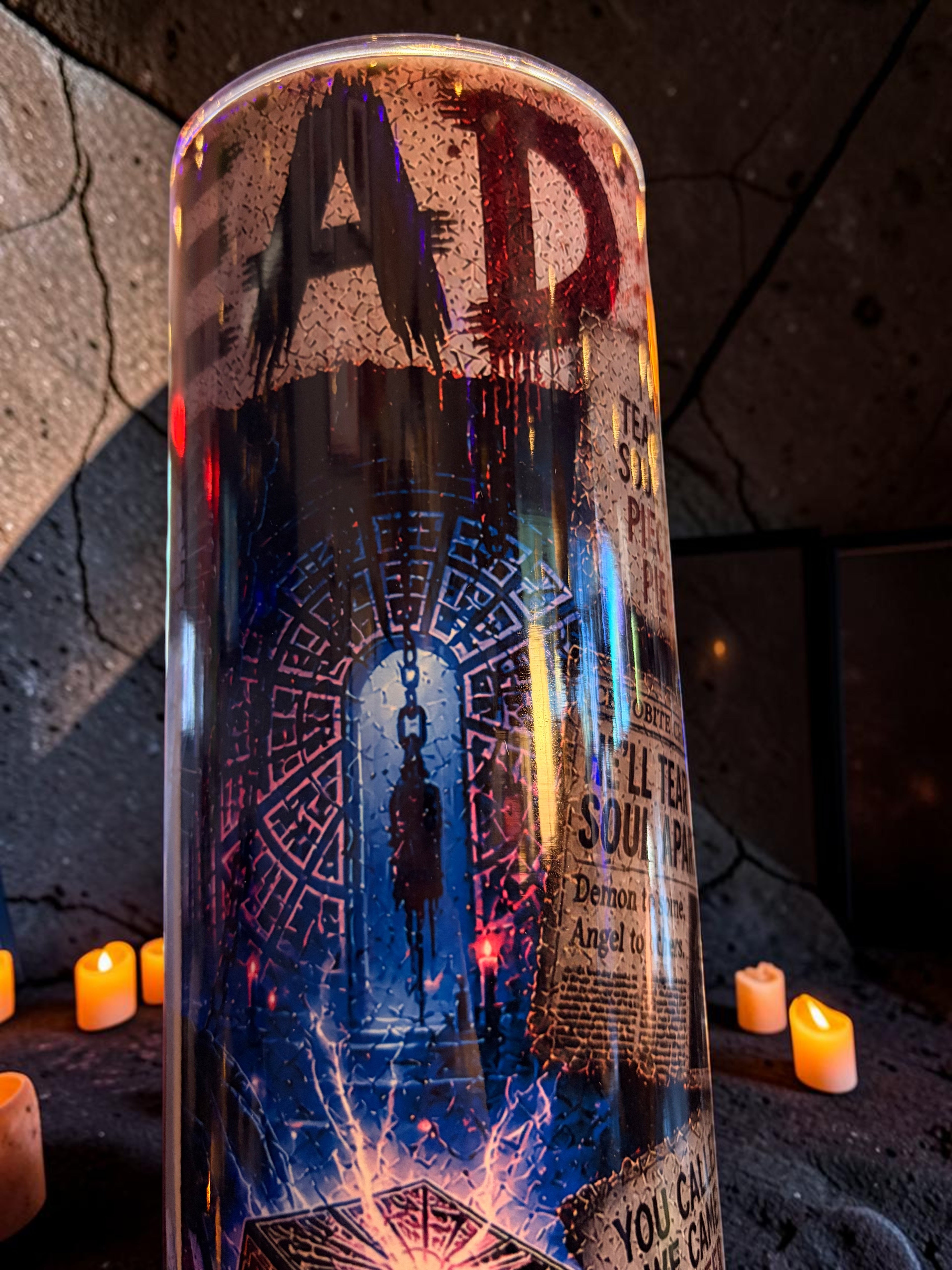 Halloween-Emporium 30oz stainless steel Pinhead tumbler featuring gothic horror artwork and a reusable metal straw.
