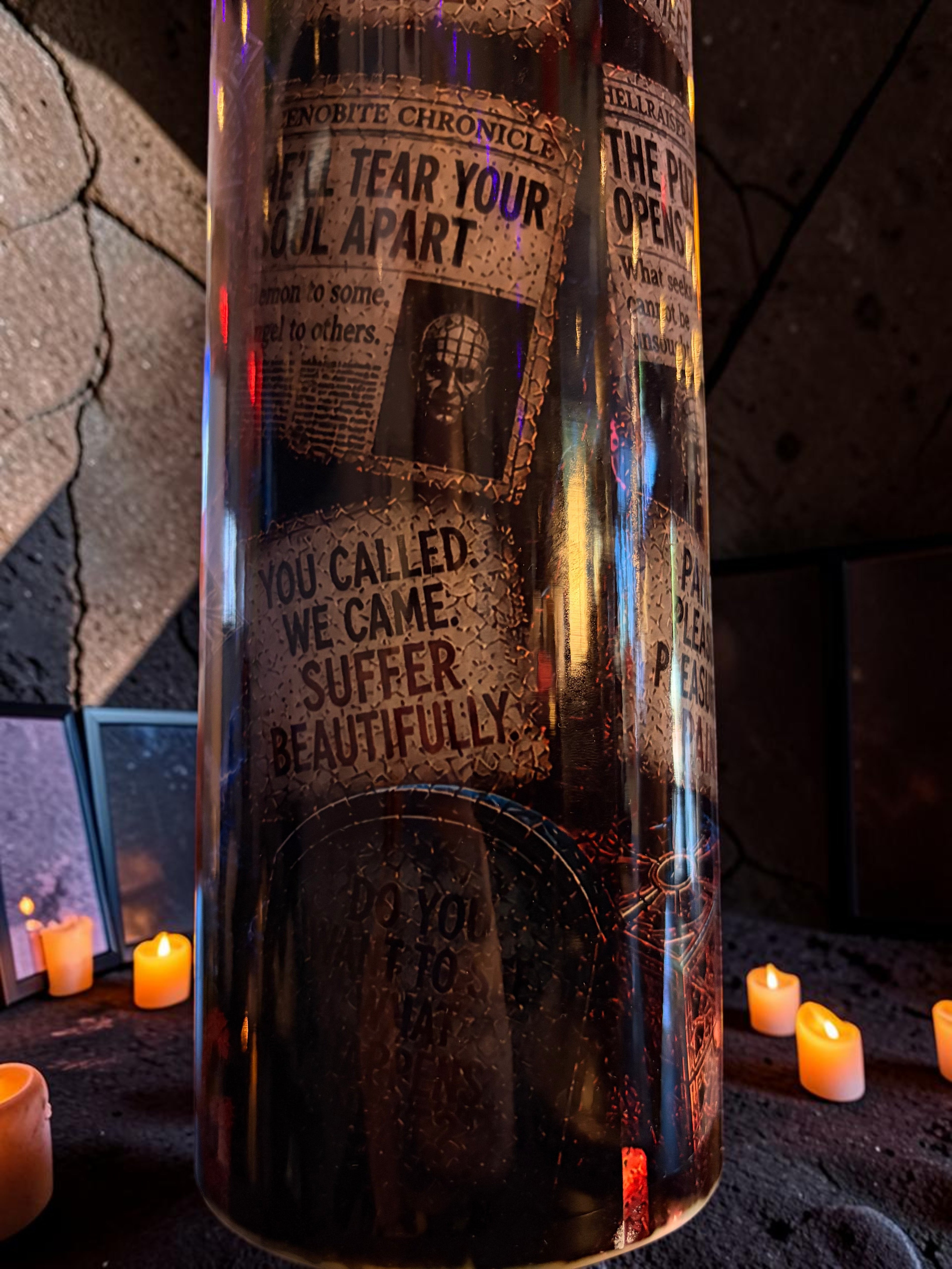 Halloween-Emporium 30oz stainless steel Pinhead tumbler featuring Hellraiser movie quotes and dark gothic imagery.