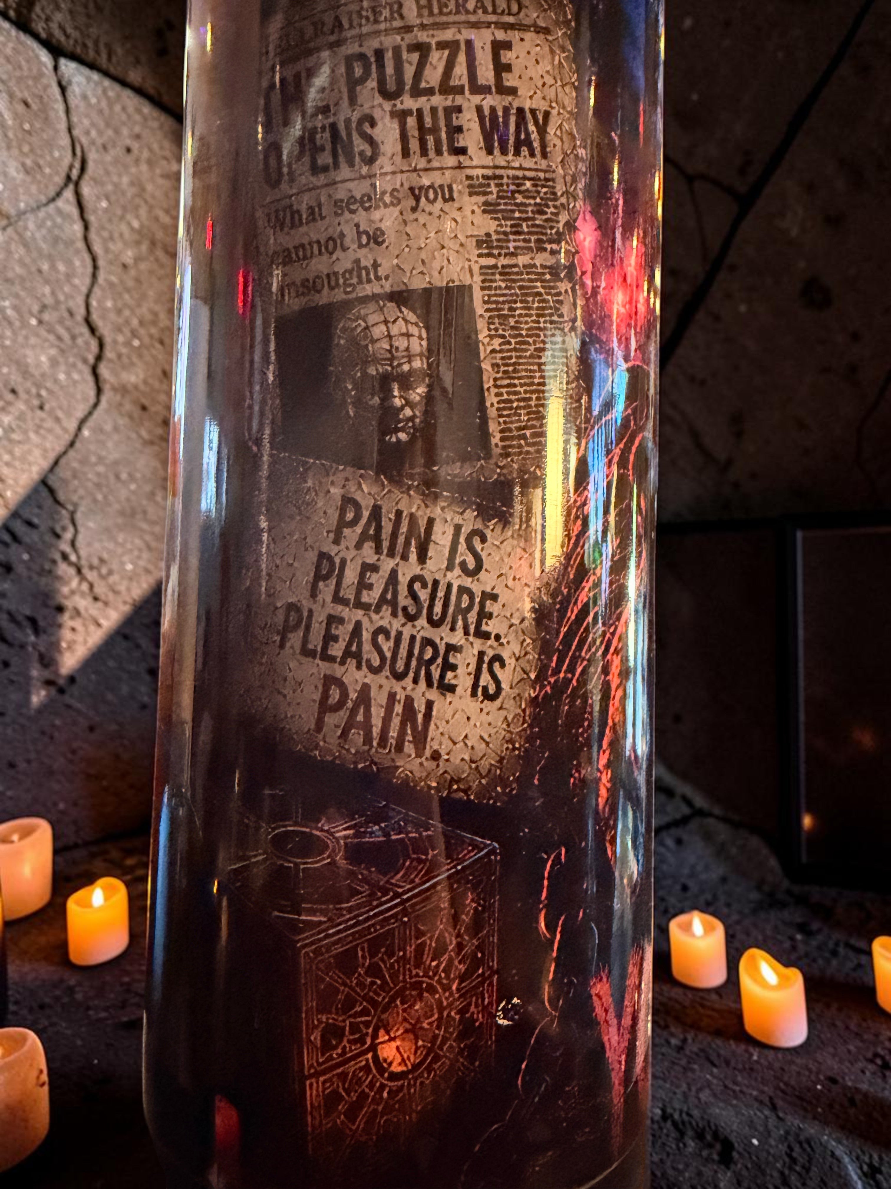 Halloween-Emporium 30oz Pinhead tumbler featuring Hellraiser graphics, text, and a puzzle box design in a dark setting.