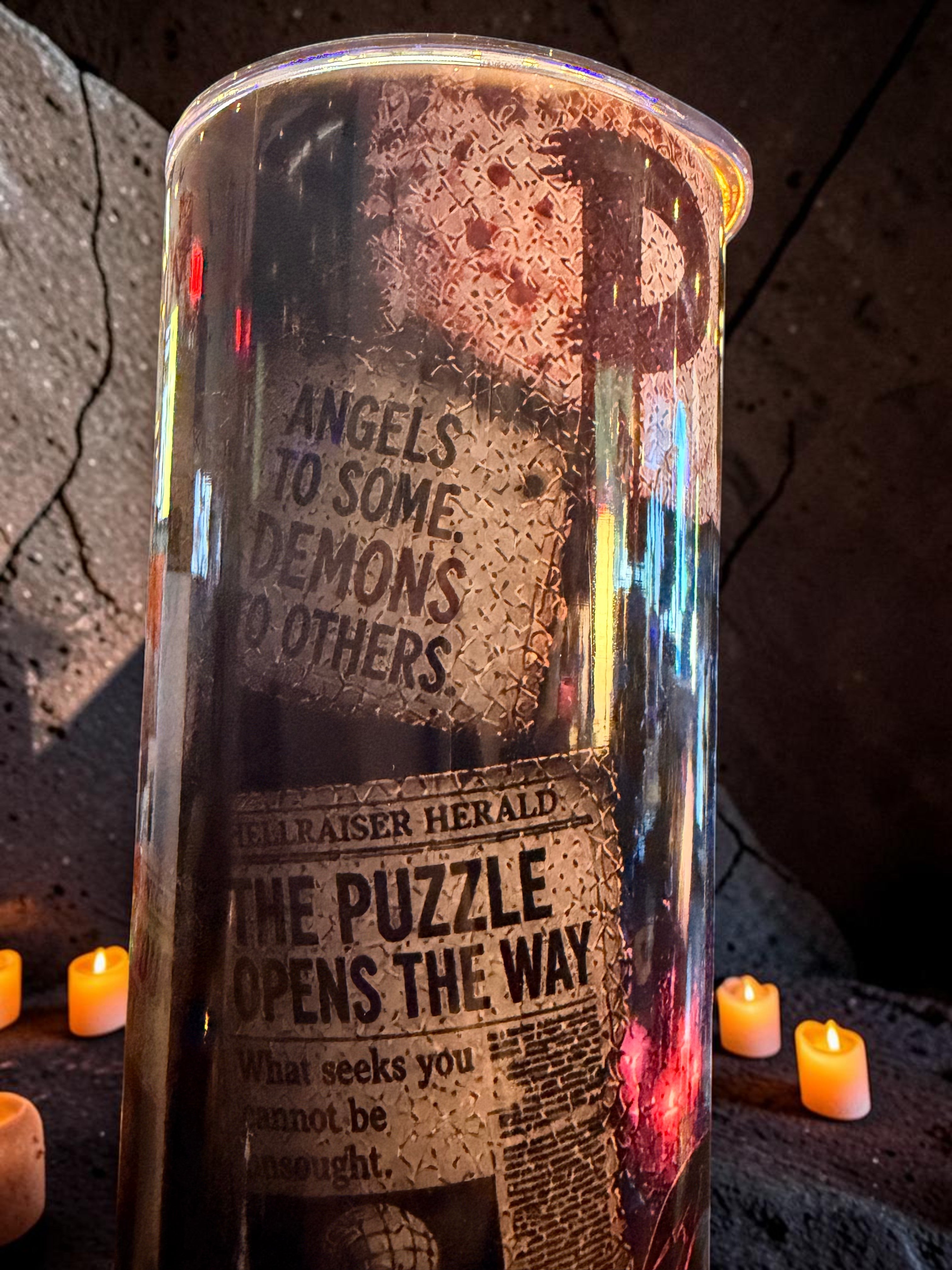 Halloween-Emporium 30oz stainless steel Pinhead tumbler featuring Hellraiser-inspired graphics and quotes.