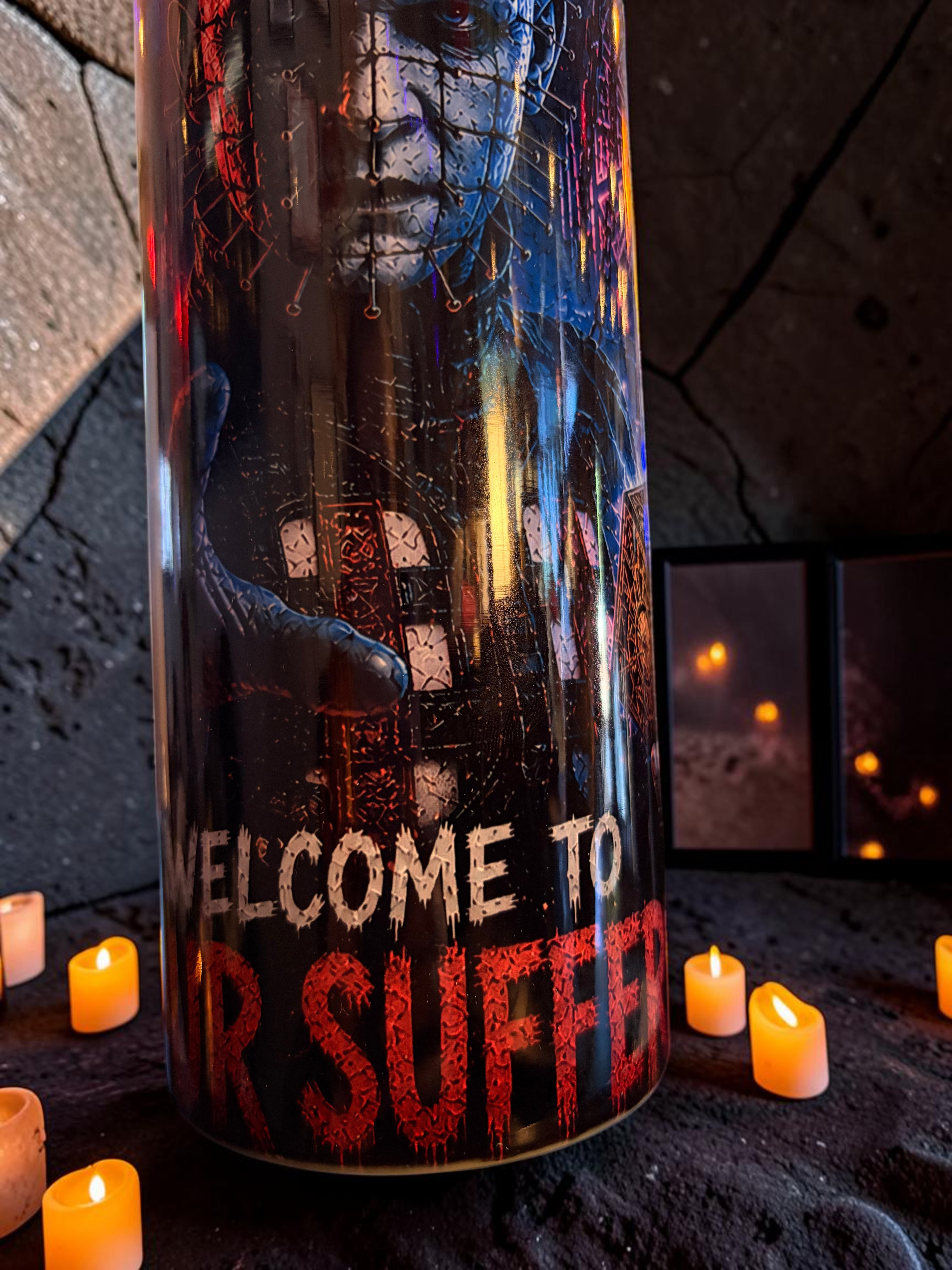 Halloween-Emporium 30oz stainless steel Pinhead tumbler featuring a dark gothic Cenobite design and horror-themed text.