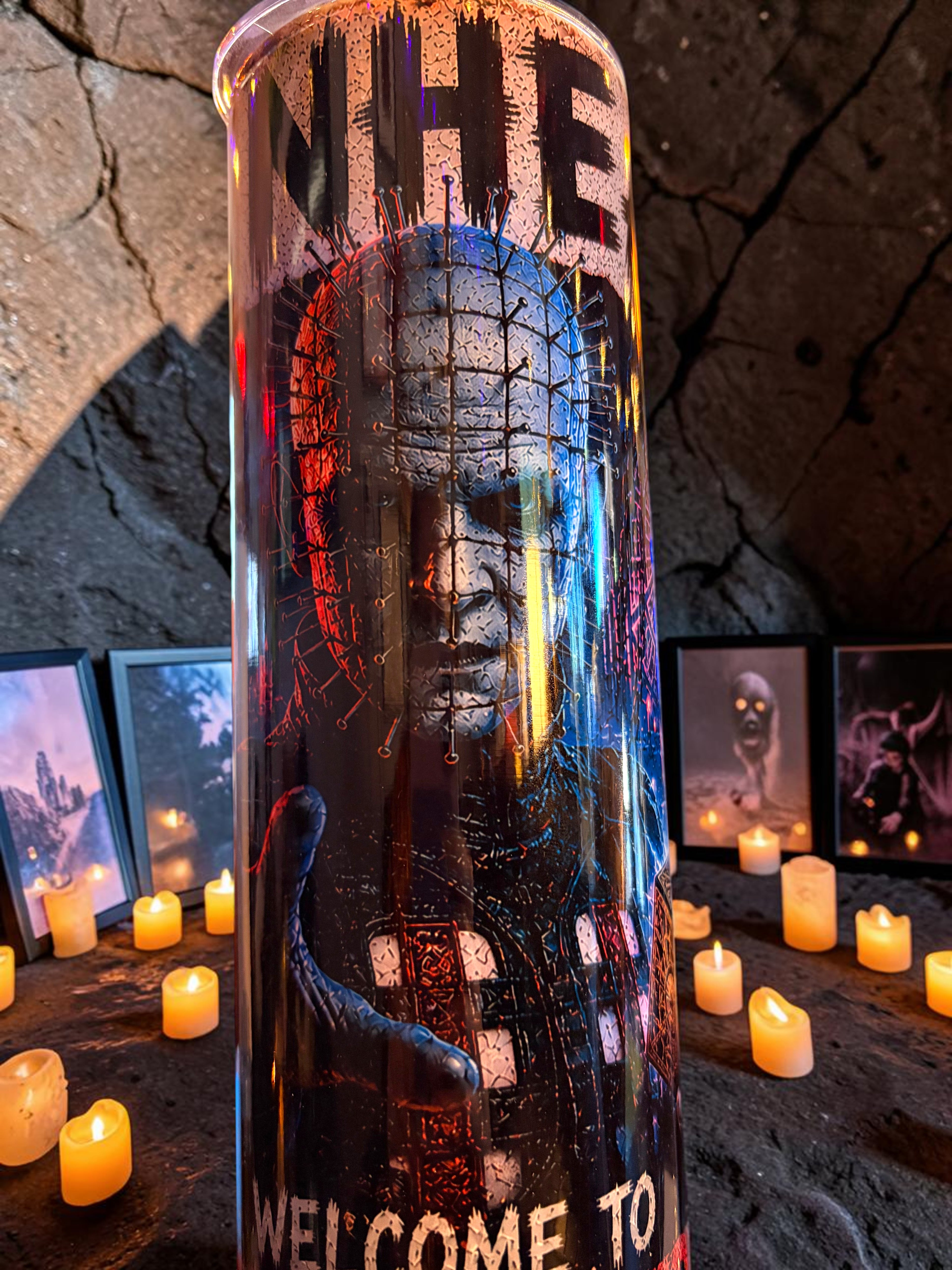 Halloween-Emporium 30oz stainless steel Pinhead tumbler featuring a gothic horror design with candles in the background