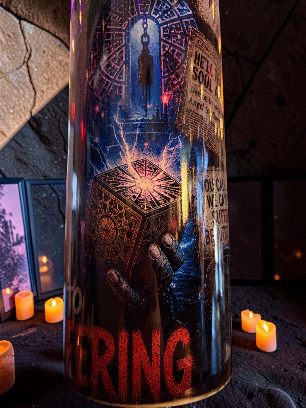 Halloween-Emporium 30oz stainless steel tumbler featuring a dark gothic Pinhead and puzzle box design