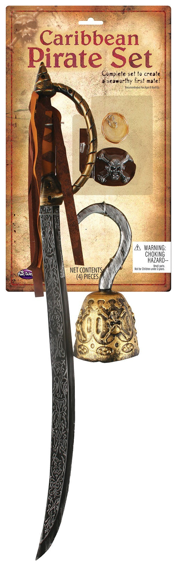 Halloween-Emporium Deluxe Caribbean Pirate Accessory Set featuring a weathered cutlass, pirate hook, patch, and earring.
