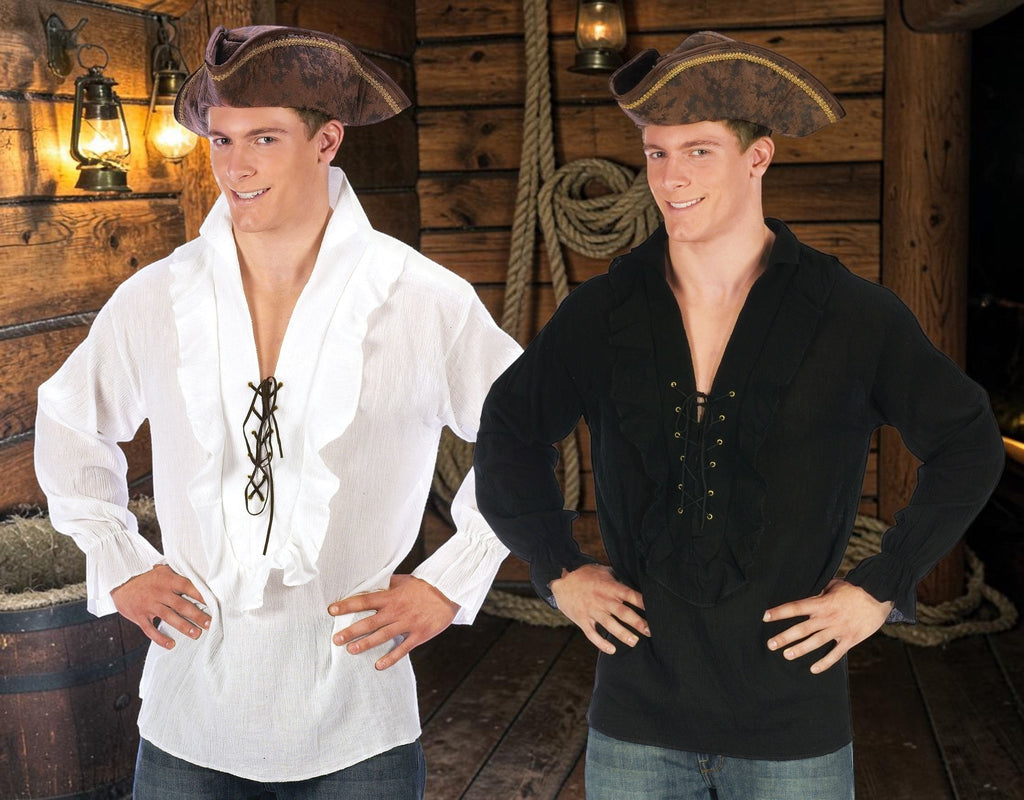 Halloween-Emporium pirate costume shirts for men in white and black with ruffled fronts and lace-up necklines.