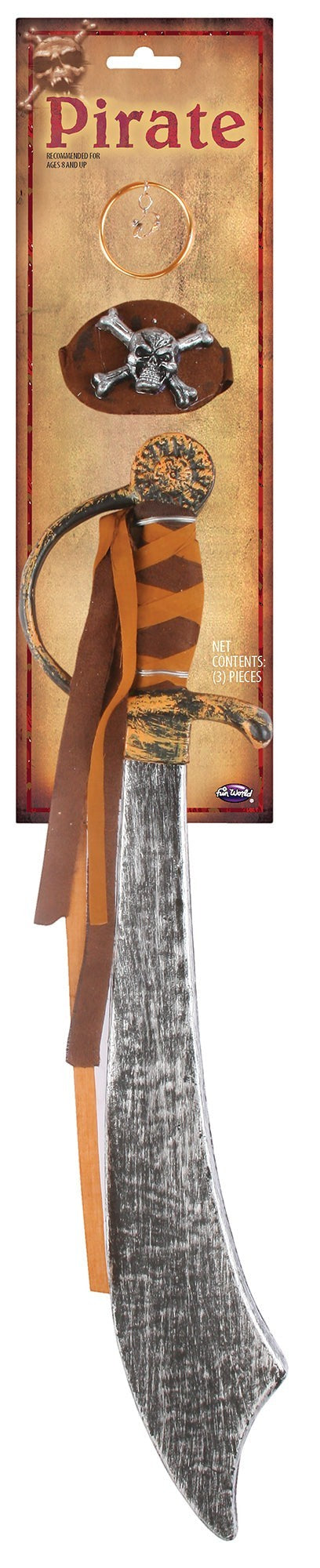 Halloween-Emporium deluxe pirate sword set with metallic cutlass, skull patch, and gold hoop earring in retail packaging.