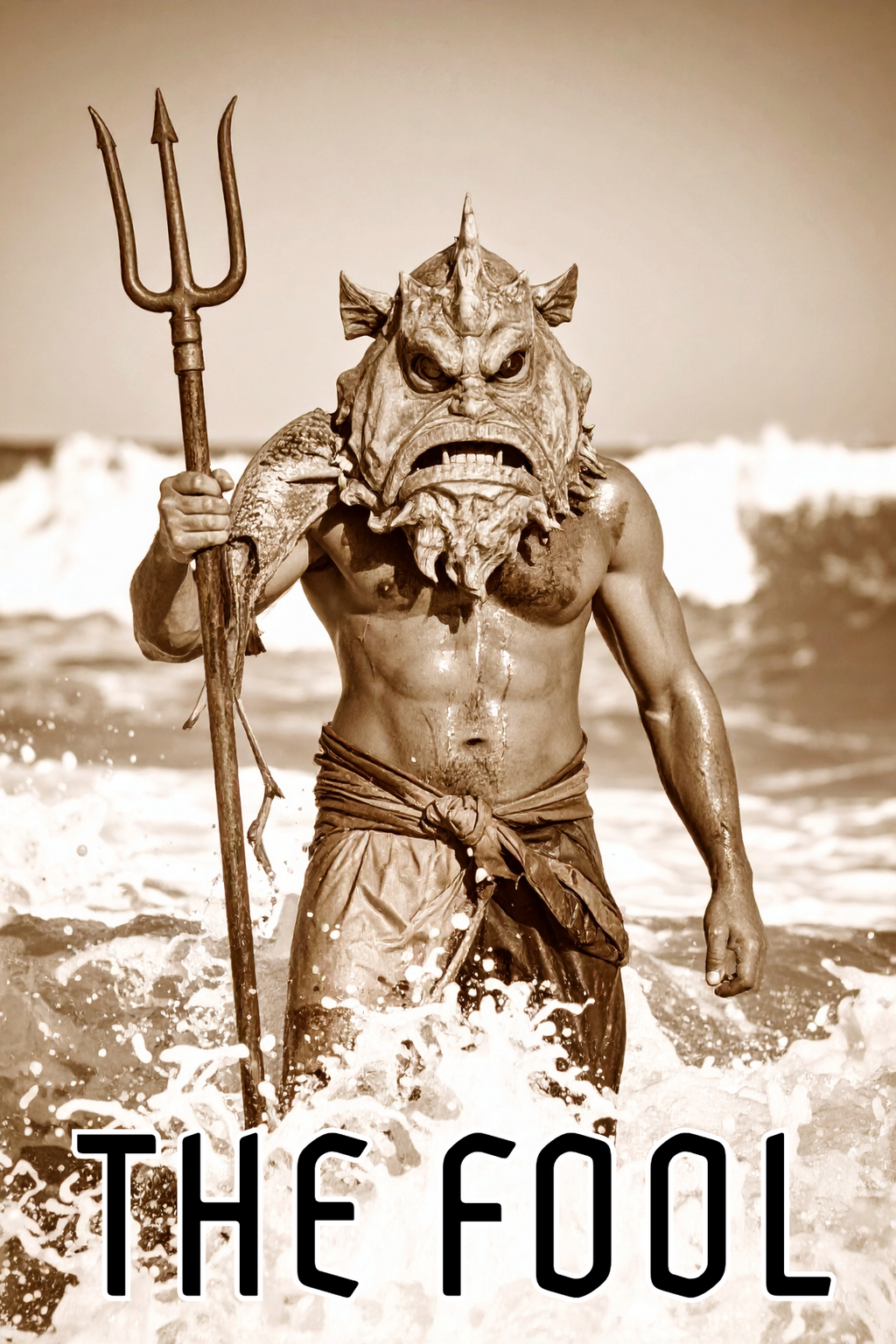 Halloween-Emporium Pisces tarot card featuring a sea monster figure with a trident standing in ocean waves