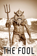 Halloween-Emporium Pisces tarot card featuring a sea monster figure with a trident standing in ocean waves