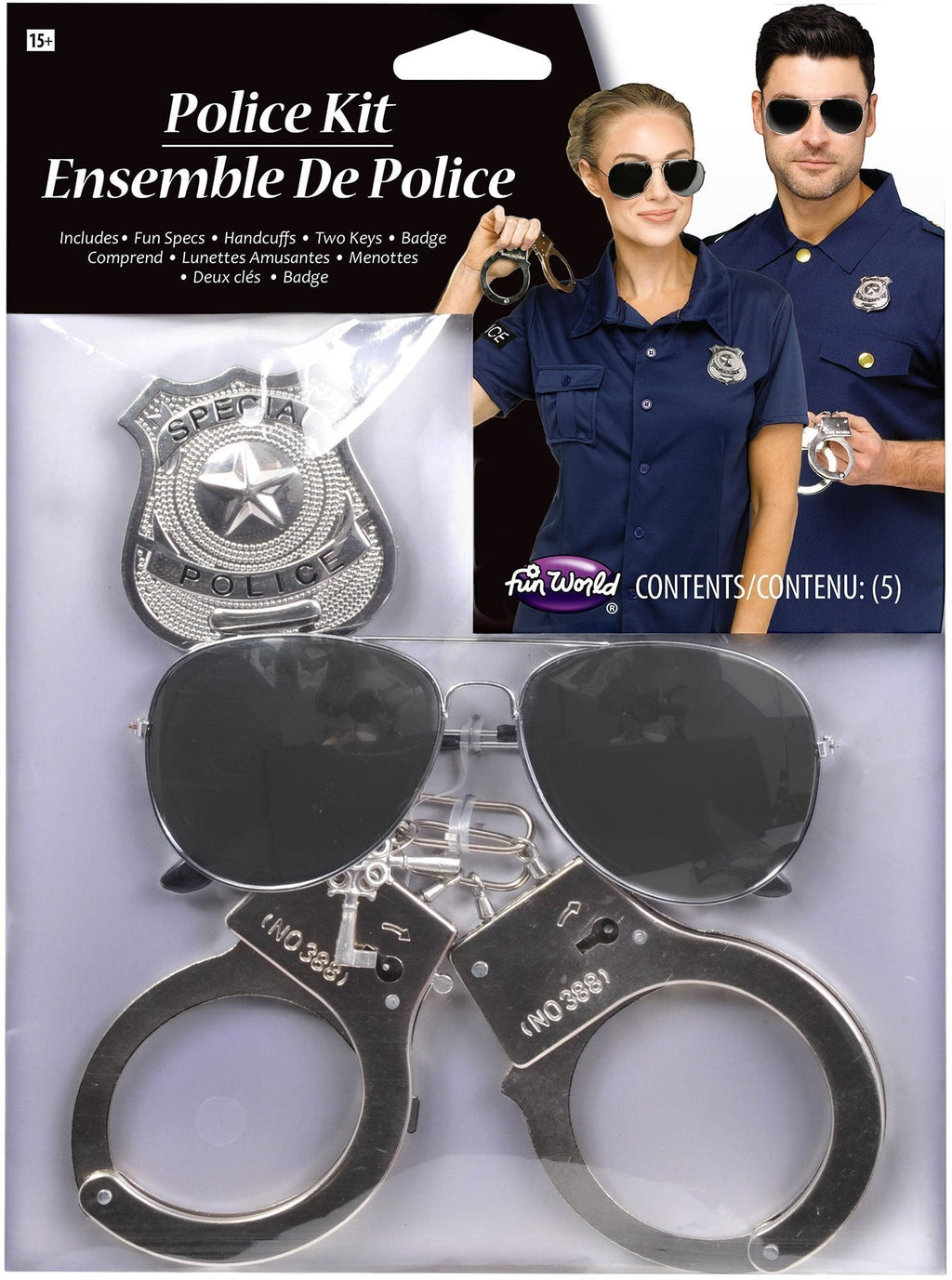 Halloween-Emporium police officer costume accessory kit featuring silver badge, aviator sunglasses, and metal handcuffs.