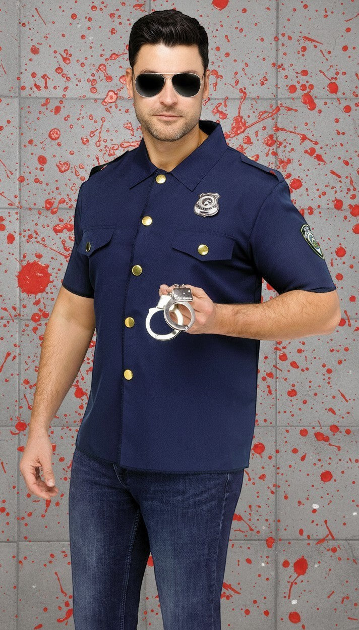 Halloween-Emporium police officer costume kit with aviator sunglasses, silver badge, and metal handcuffs on a man