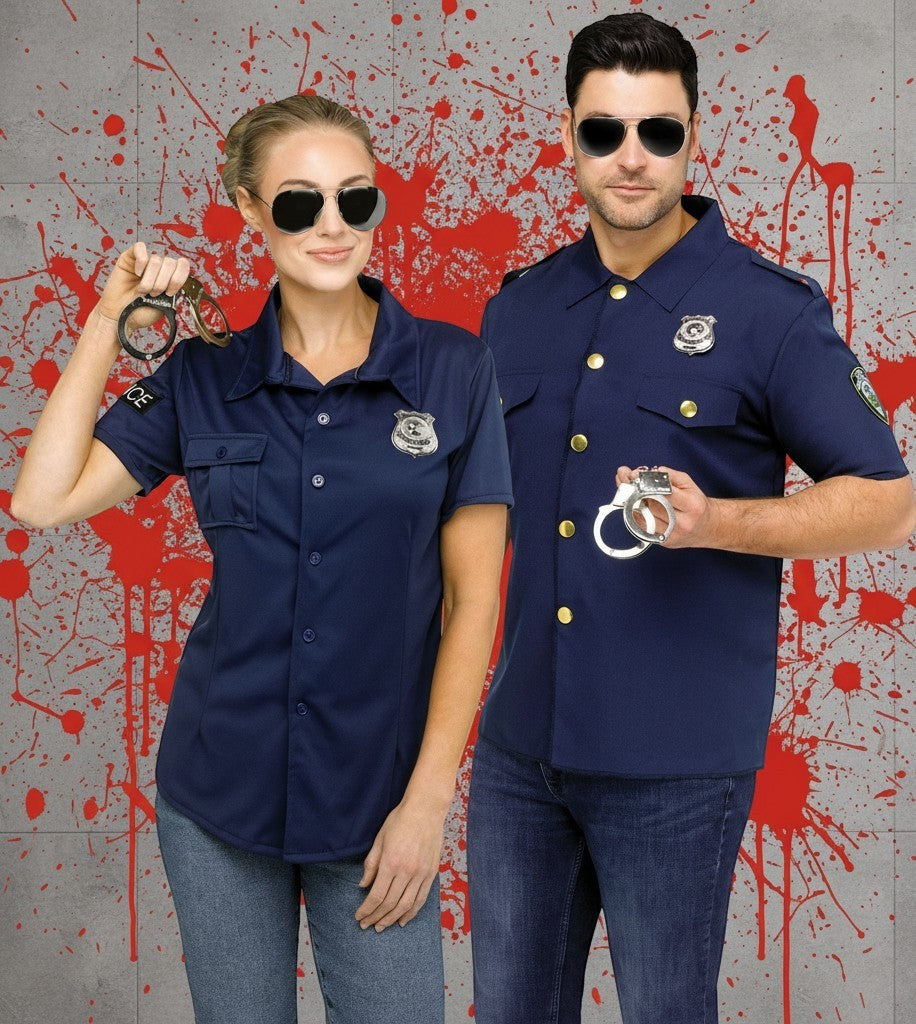 Halloween-Emporium police officer costume kit with navy shirts, silver badges, aviator sunglasses, and metal handcuffs