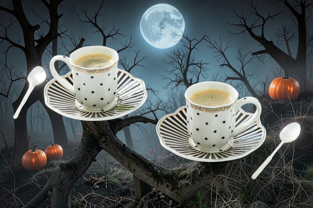 Halloween-Emporium porcelain demitasse cups and saucers with black stripes and dots, featuring gold trim.