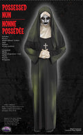 Halloween-Emporium possessed nun adult costume with black distressed gown, habit, veil, gloves, and skull cross.
