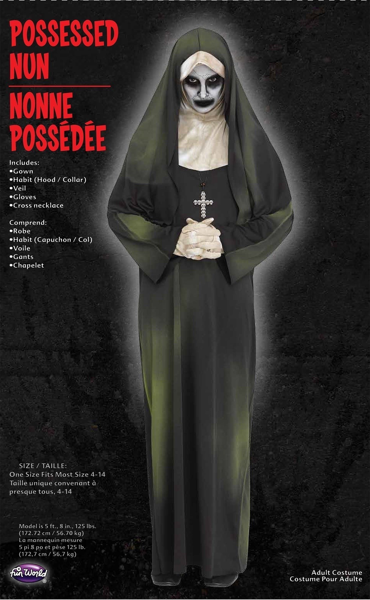 Halloween-Emporium possessed nun adult costume with black distressed gown, habit, veil, gloves, and skull cross.