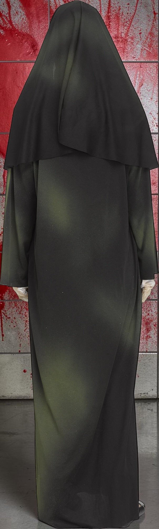 Halloween-Emporium possessed nun costume featuring a black gown with distressed green shading, habit, and veil.