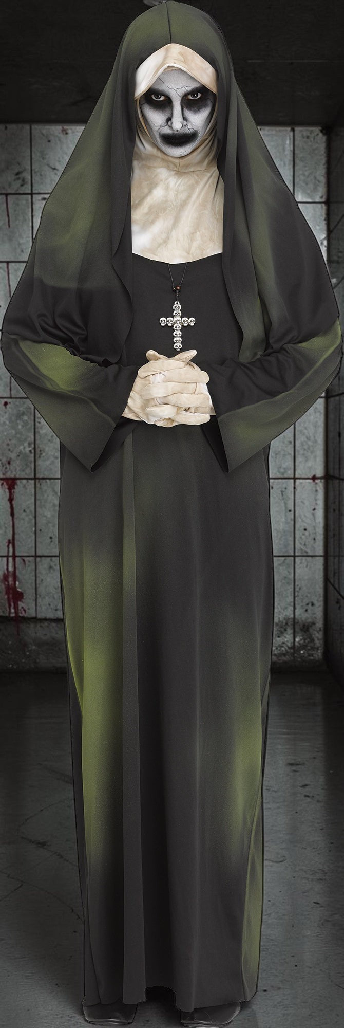 Halloween-Emporium possessed nun costume featuring a black gown with green distressed shading, habit, veil, and skull cross.