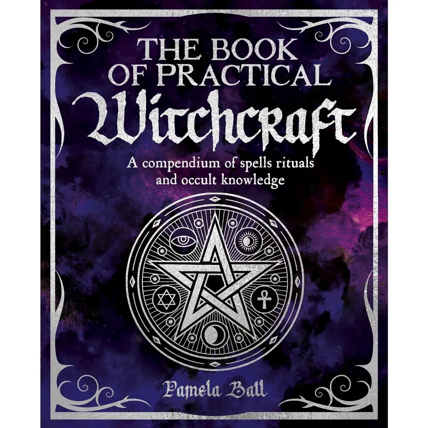 Halloween-Emporium The Book of Practical Witchcraft paperback with a purple nebula cover and silver pentacle design.