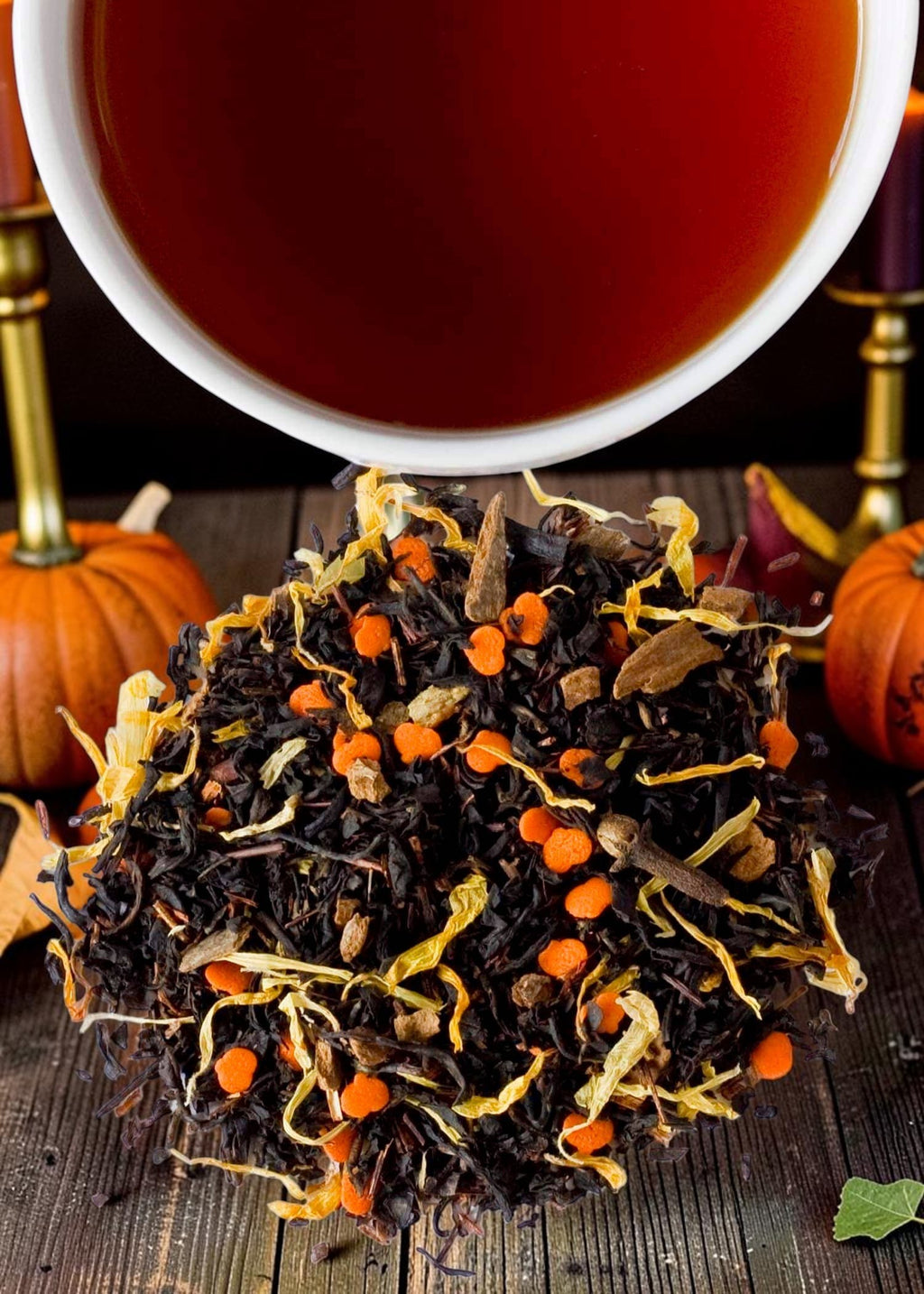 Halloween-Emporium Pumpkin King Chai loose leaf tea with pumpkin sprinkles, cinnamon, cloves, and calendula petals.