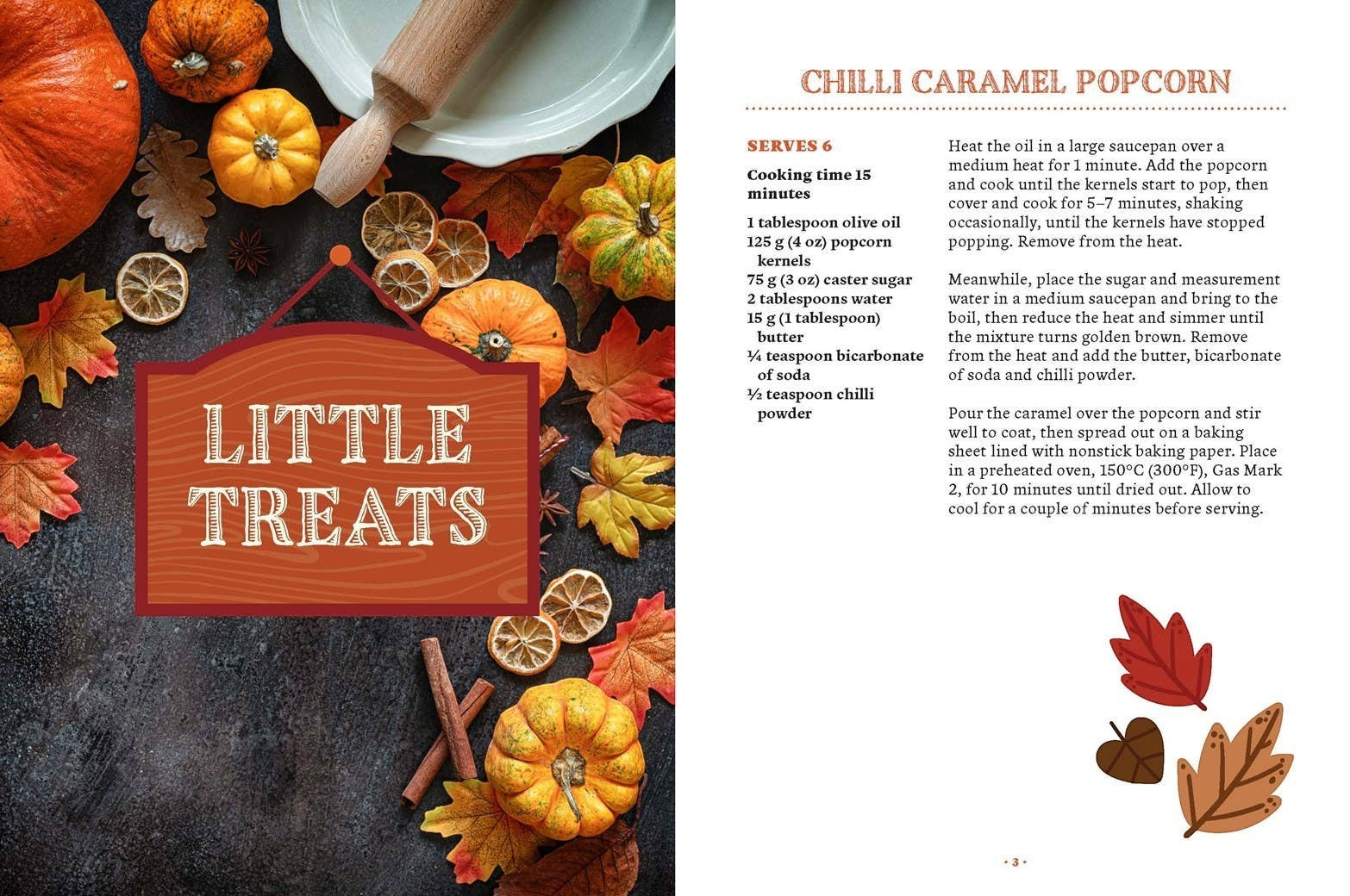 Halloween-Emporium The Pumpkin Spice Cookbook open to a chilli caramel popcorn recipe page with autumn leaves and pumpkins