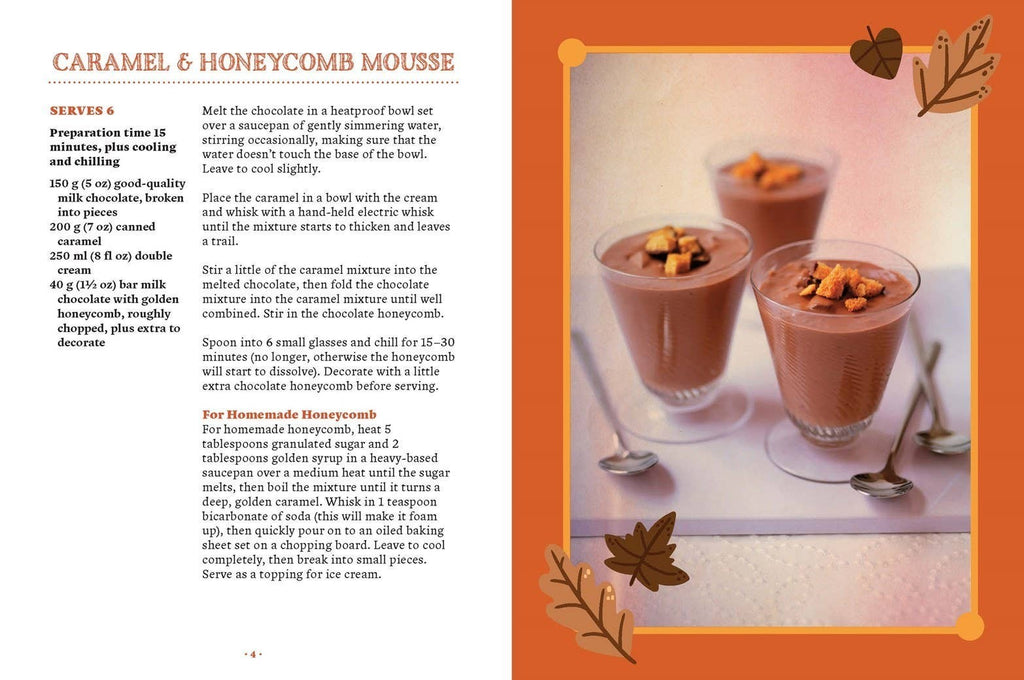 Halloween-Emporium The Pumpkin Spice Cookbook page showing a caramel and honeycomb mousse recipe with autumn leaf art