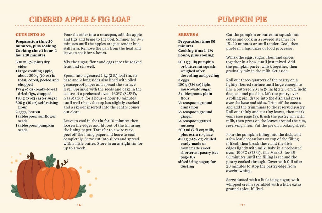 Halloween-Emporium The Pumpkin Spice Cookbook open pages showing Cider Apple & Fig Loaf and Pumpkin Pie recipes.