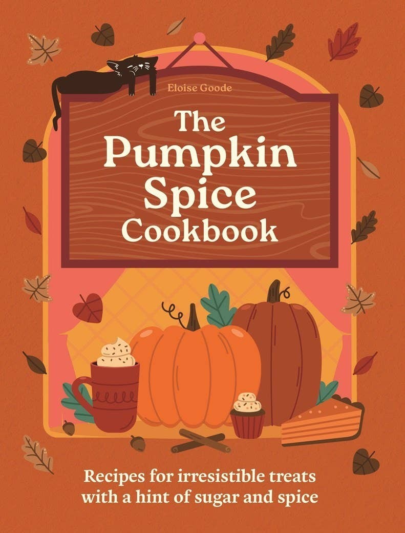 Halloween-Emporium The Pumpkin Spice Cookbook featuring autumn illustrations of pumpkins, a latte, and a black cat.