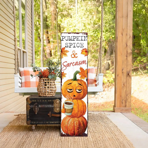 Halloween-Emporium 36-inch porch sign featuring a sleepy pumpkin with coffee and autumn leaves for fall decor.
